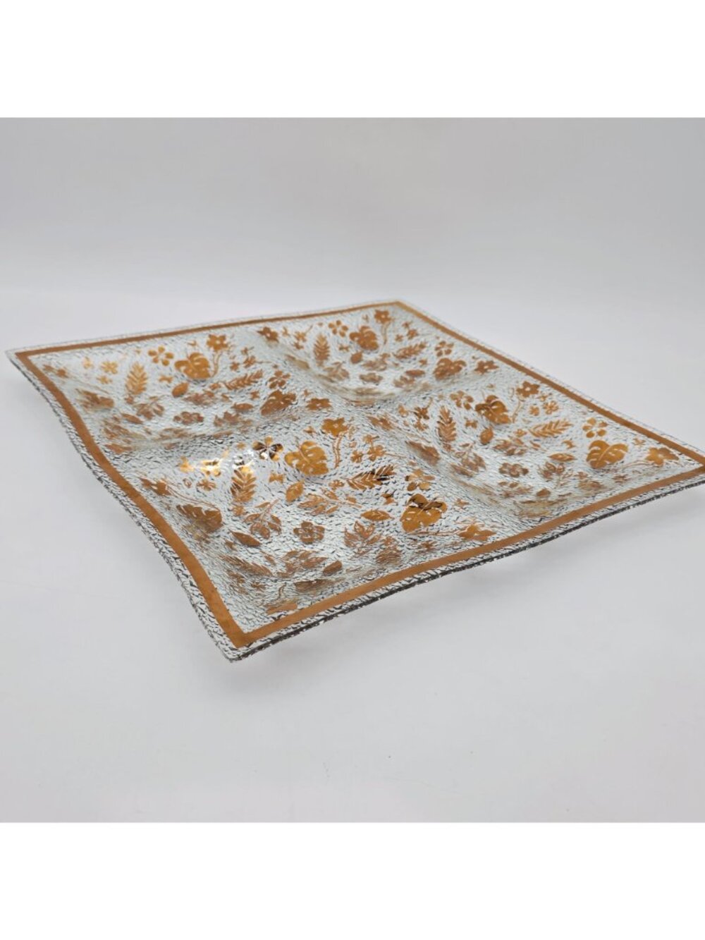 MCM Golden Foliage Divided Textured Glass Tray 4 Sections Large 16" x 16" - Picture 2 of 11